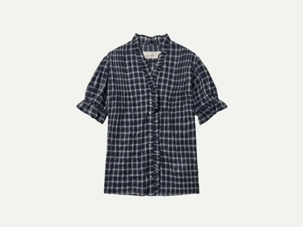 Via Victoria frill half blouse (Navy check)