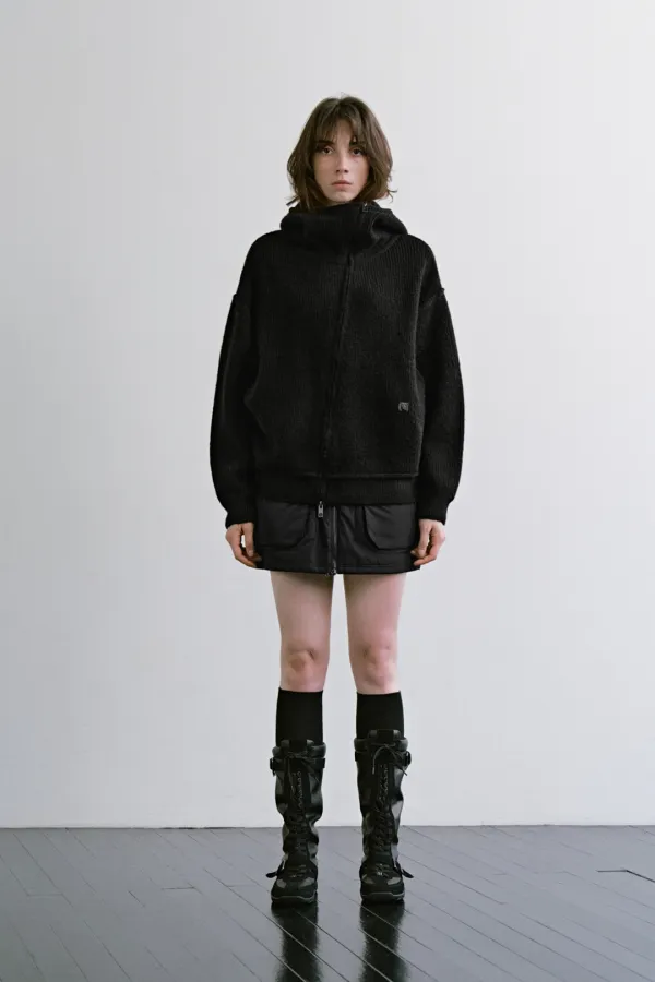 Diagonal Zip-up Knit Hoodie [ Black ]