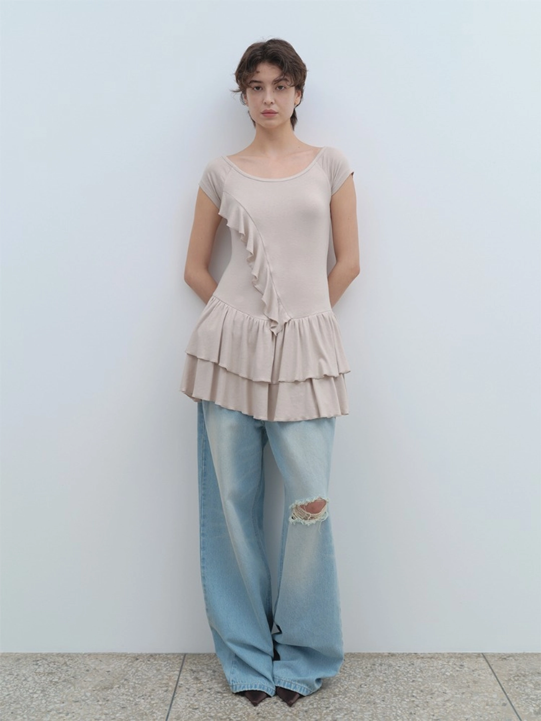 밀로 우먼 Ruffle Short Sleeve Dress [Beige] 상품 이미지 2