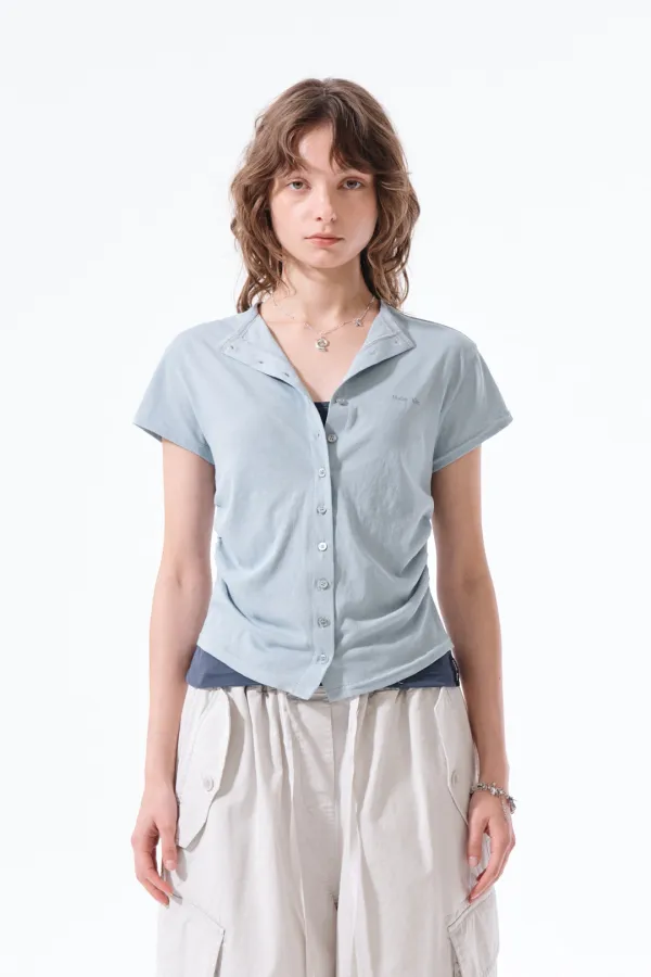 SIDE SHIRRING BUTTON TOP IN LIGHT BLUE