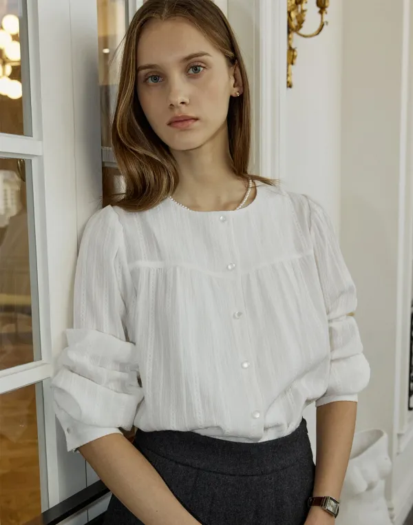 Textured Shirring Blouse - White
