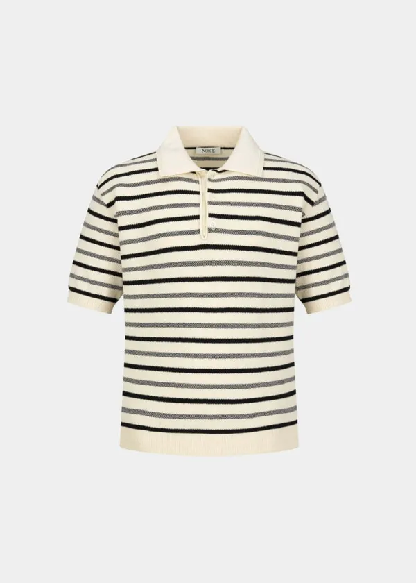COTTON STRIPED KNIT POLO SHIRT - OATMEAL