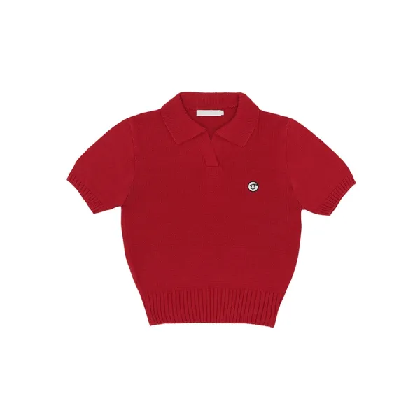 Smiley Patch Short Sleeve Knit Top (wine red)
