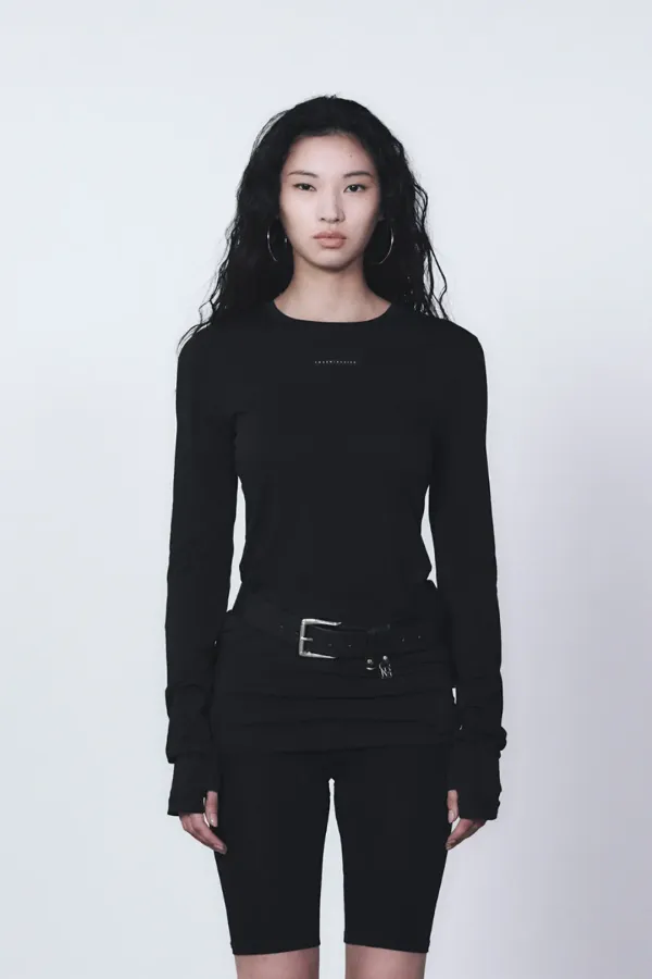 Basic Label Finger Hole Long Sleeves [ Black ]