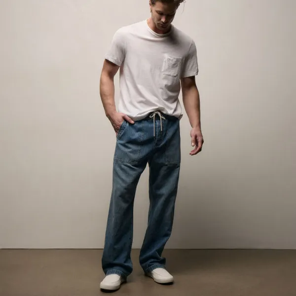 Linen Denim Drawstring Pant - Blue Wash