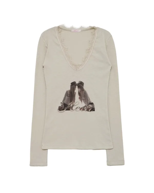 Twin Lace Trimmed T-shirt (Beige)