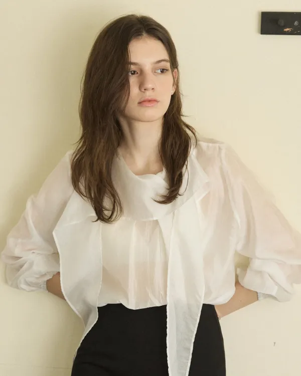 Ruffle scarf neck pintuck blouse - white