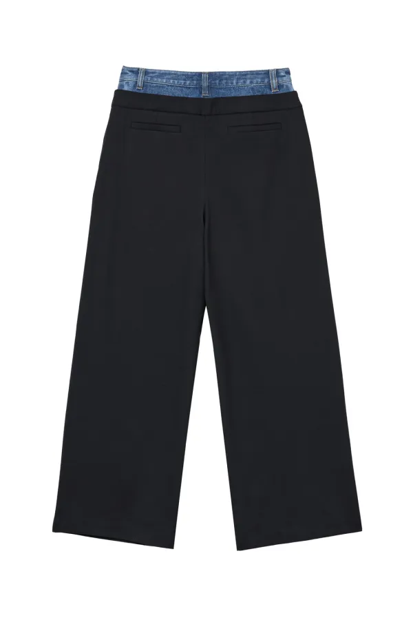 LAYERED DENIM SLACKS IN BLACK