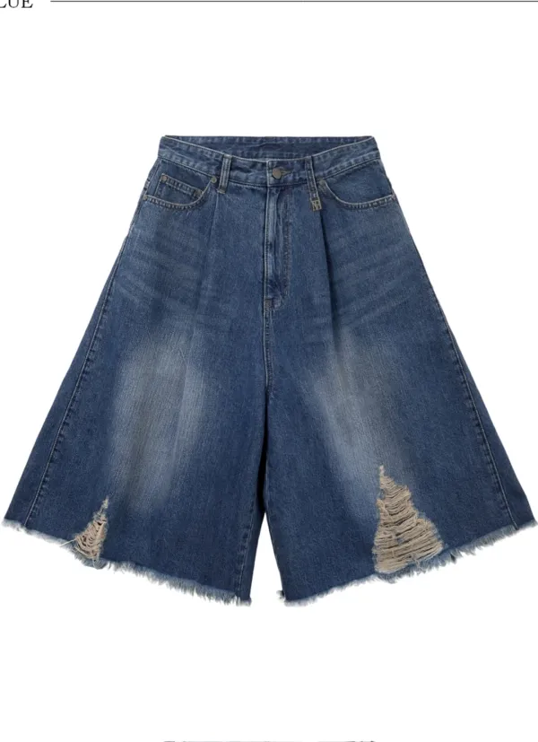 Distressed Square Denim Set-up Shorts [ Blue ]