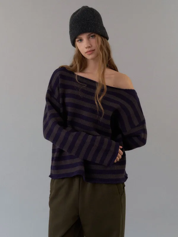 papillon stripe one-shoulder knit (khaki-navy)