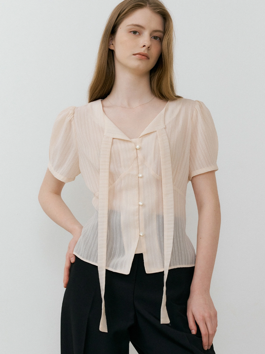 아워코모스 comos 1482 tie-line button blouse (peach) 상품 이미지 2