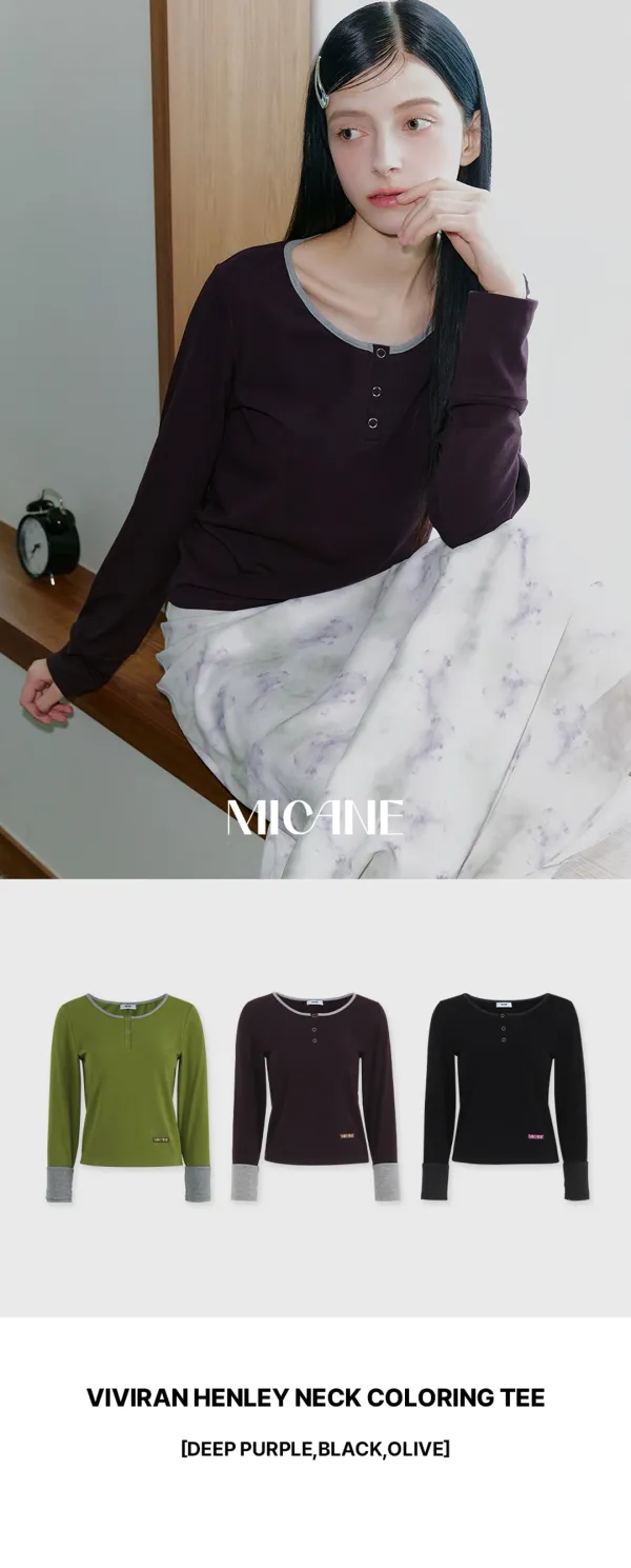 [44-120]  Viviran Henley Neck Coloring Tee  비비란 헨리 넥 컬러링 티 (가을-봄-데일리룩-오피스룩-출근룩-데이트룩-캐주얼-페미닌-마실룩-이지웨어-기본티-헨리넥-티셔츠-긴팔티셔츠-티-다이마루-자체제작)