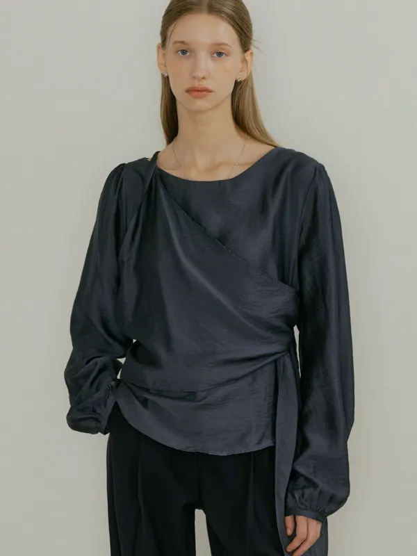 comos 1542 unbalance twisted wrap blouse (charcoal)