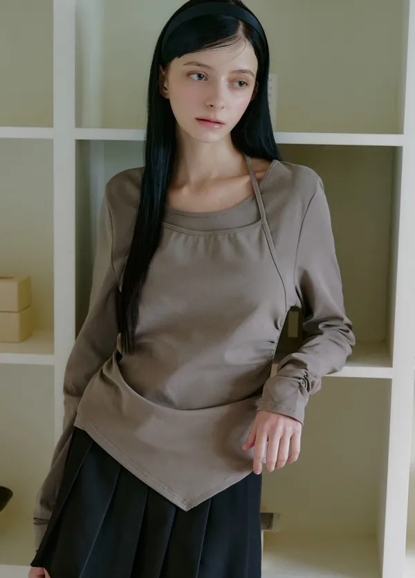 [44-120]  Sabae Haltter-neck Layered Tee  사배 홀터넥 레이어드 티 (가을-봄-데일리룩-출근룩-오피스룩-꾸안꾸-홀터넥-티셔츠-레이어드-다이마루-긴팔티-홀터-유니크-슬림핏-페미닌-자체제작)