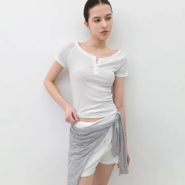 (T-7231)AN SOFT RIBBED BUTTON UP SLIM HALF T