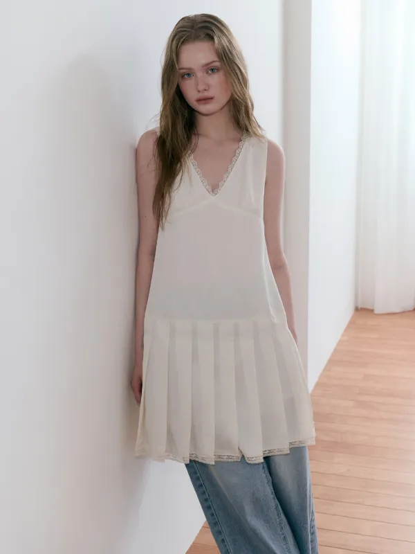 V-Neck Lace Pleated Dress, Cream