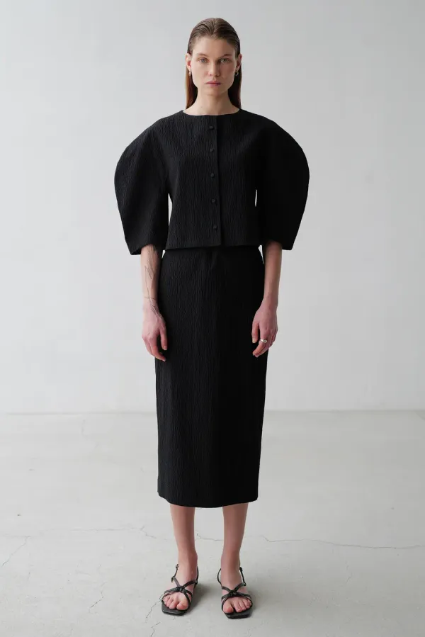 Cotton seersucker pencil Skirt _black