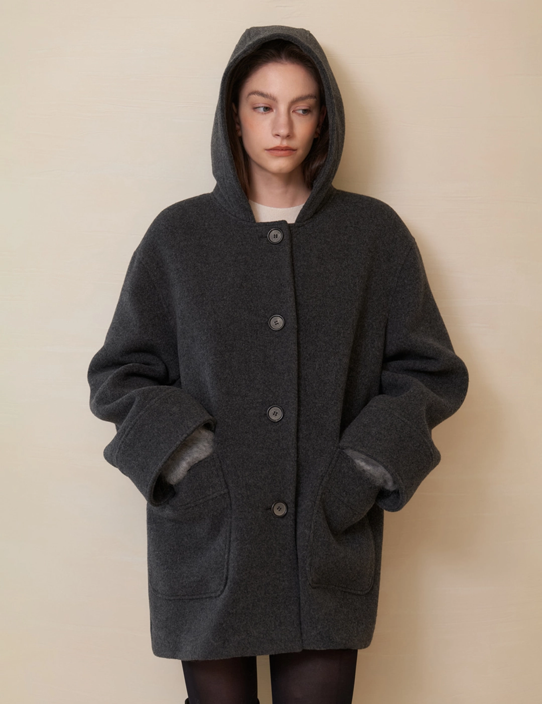 노미나떼 Joy Cashmere Blend Hooded Coat (Charcoal) 상품 이미지 3