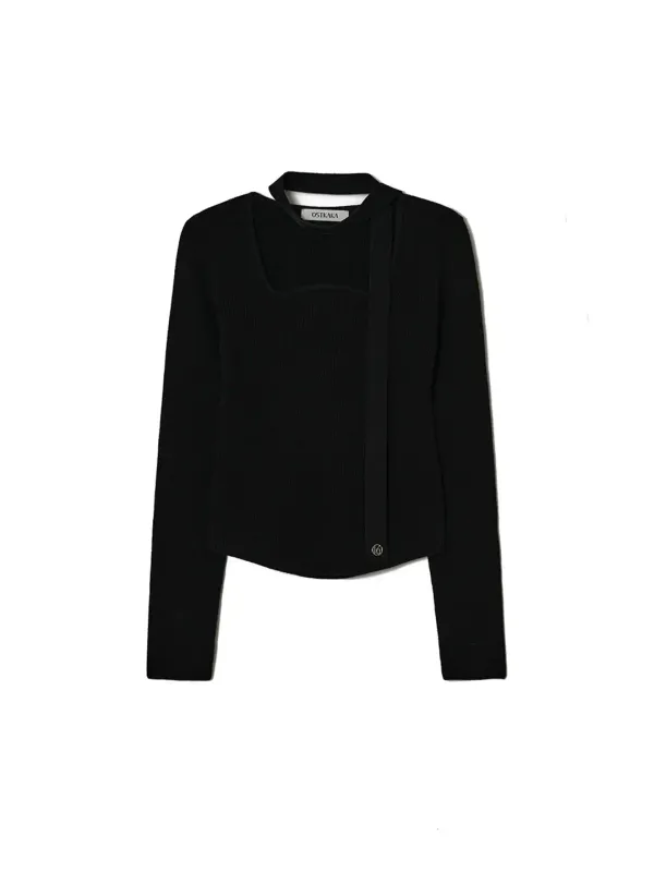 Wool Blended Wave Neck Pullover Black