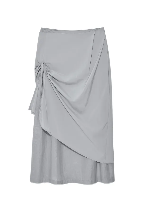 SHIRRING LAYERED MAXI SKIRT IN LIGHT GREY