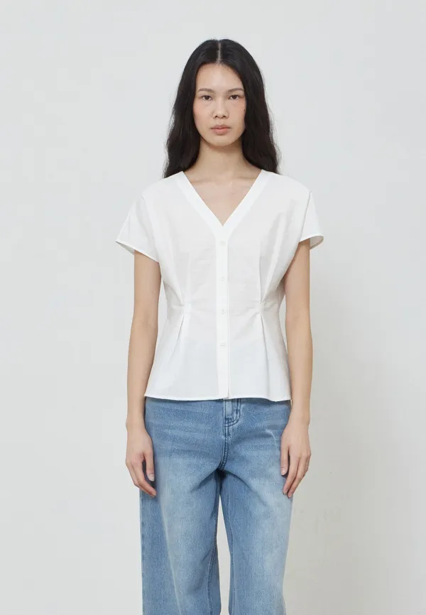 V-NECK PLEATS BLOUSE - WHITE