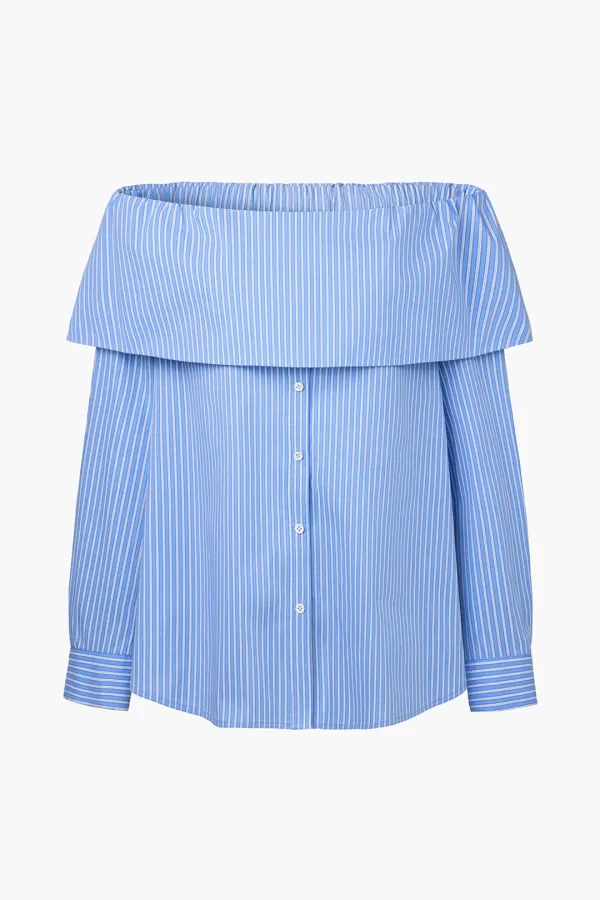 [1st Re-order] Off-the-Shoulder Shirt Blouse, Blue Stripe