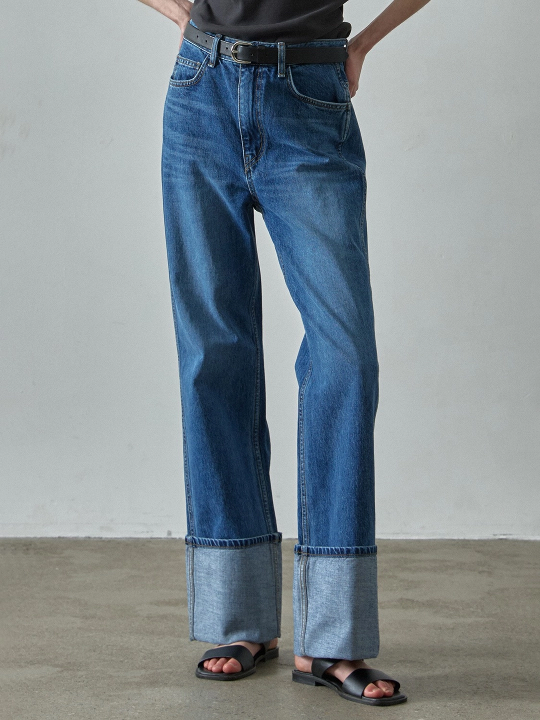 파사드패턴 턴업 스트레이트 데님_vintage mid blue 상품 이미지 1