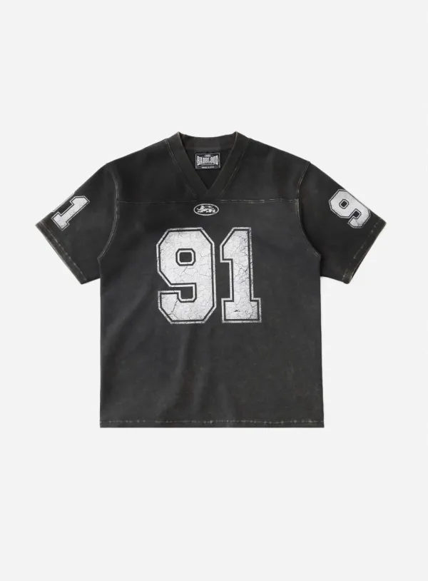 91 크랙 프린트 브이넥 티셔츠 - 블랙