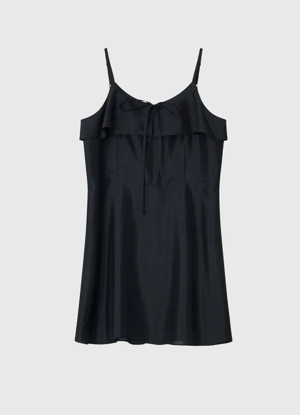 Flare ruffle ribbon sleeveless mini dress - navy