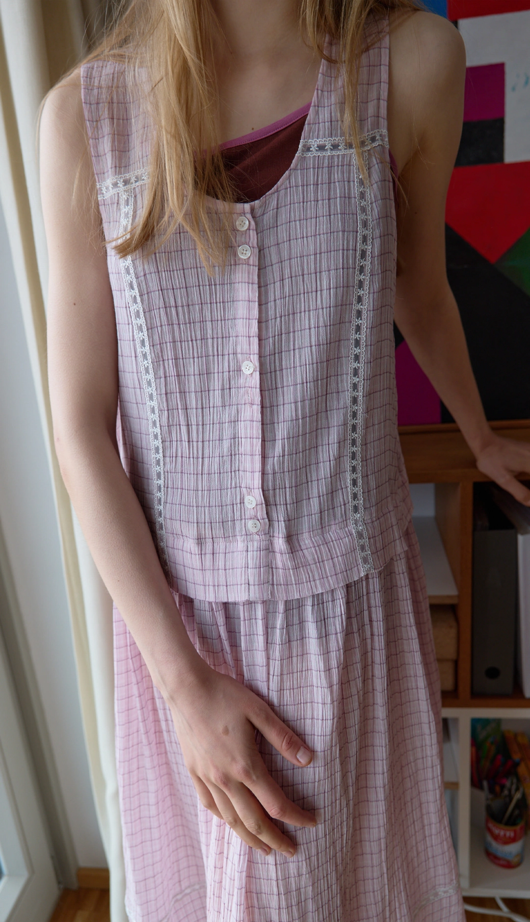 노컨텐츠 213. Sheer Check Long OPS _ Pink 상품 이미지 2
