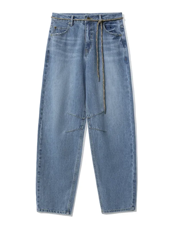 (BELT-SET) CURVED BAGGY JEANS _BLUE