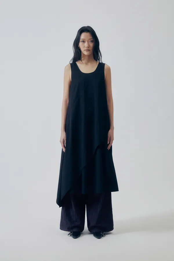 Layered Asymmetric Draped Dress [ Black ]