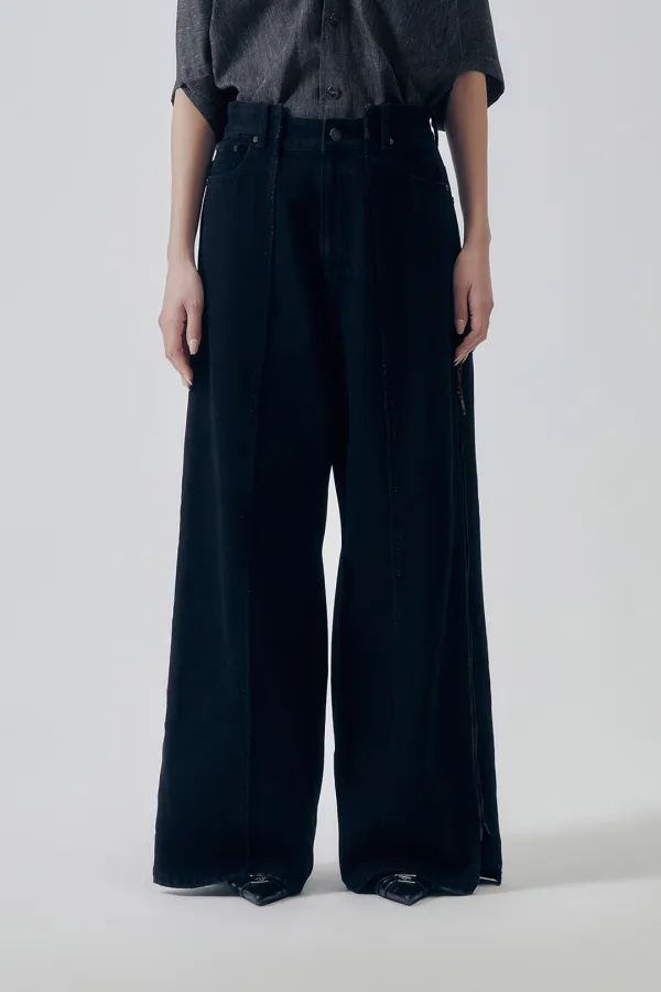Utility Zipper Denim Pants [ Black ]