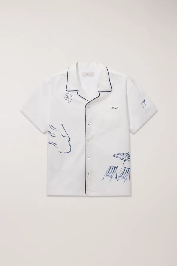 UNISEX HAND-DRAWING OPEN COLLAR SHIRT OCEAN BLUE
