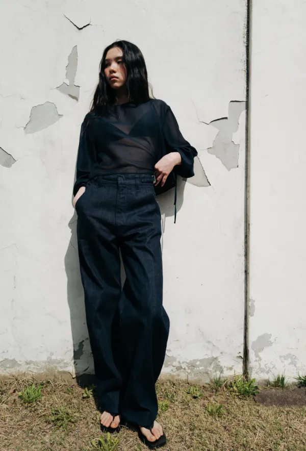 Cotton denim curve pants (dark navy)