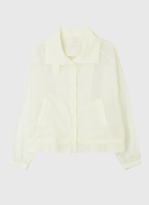 Lace back label ribbon string summer blouson - cream