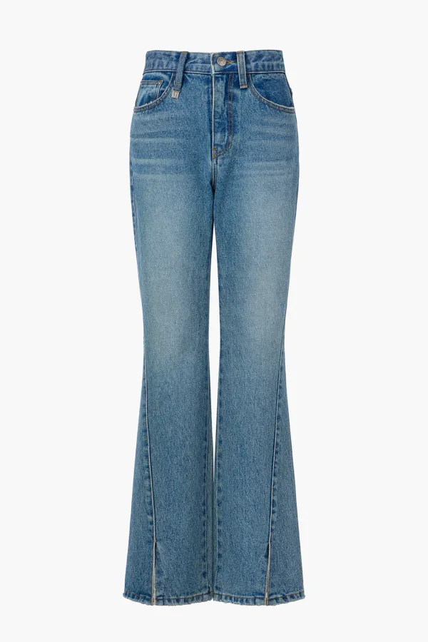 Back Buckle Detail Semi Bootcut Denim Pants, Medium Blue