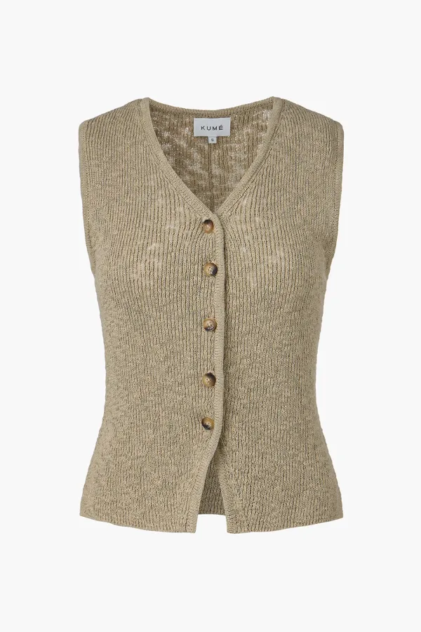 [1st Re-order] Fitted Button Knitted Vest, Melange Beige