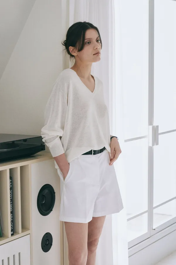 Holgament V-Neck Linen Knit Top[LMBFSU25KN281]-Off-White