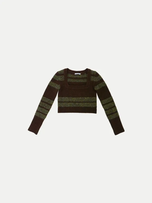 SquareNeck Crop Knit Brown • Green Stripe