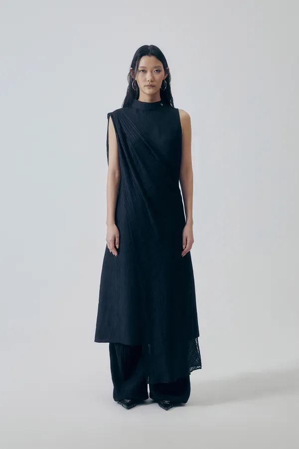 Desert-Inspired Layered Cotton Dress [ Black ]