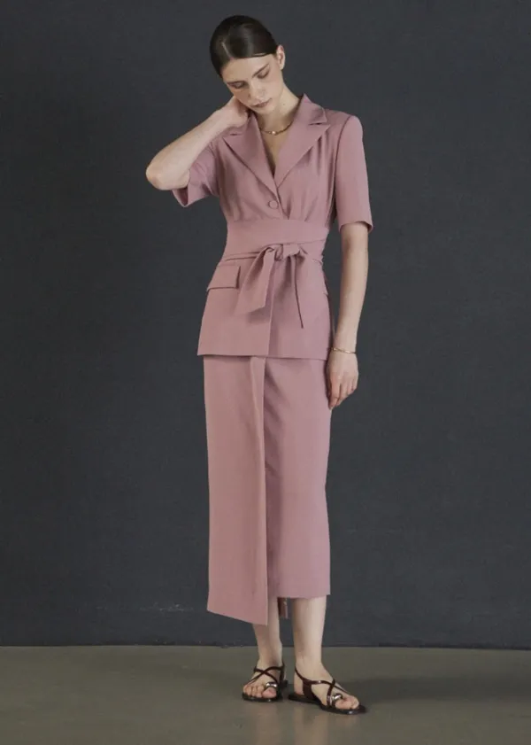 (SET) BELTED JACKET & UNBALANCED H-LINE SKIRT_PINK